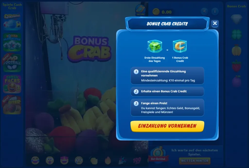 Screenshot von der Erklärung für Bonus Crab Credits im SG Casino