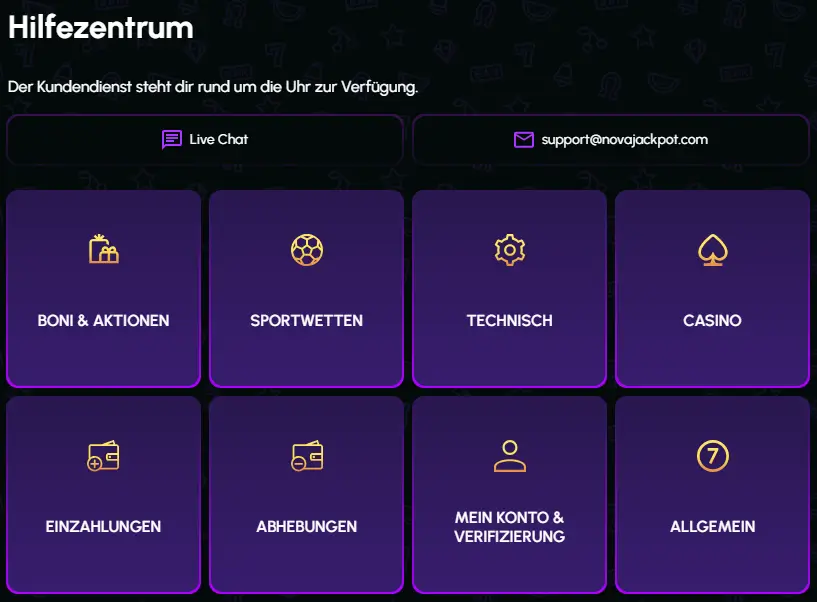 Kundendienst und FAQ vom Wettanbieter NovaJackpot