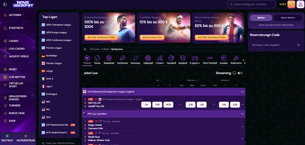 Livewetten Angebot vom NovaJackpot Wettanbieter