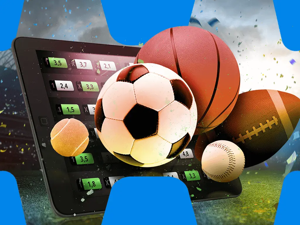 Verschiedene Bälle mit Quoten fuer Sportwetten auf Tablet im Hintergrund