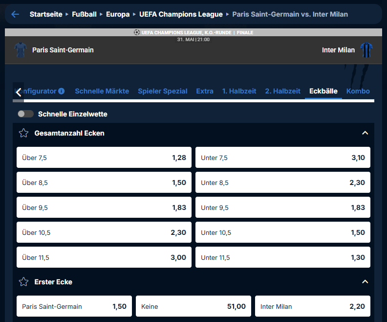 Eckballwetten PSG Inter Milan Playzilla Screenshot