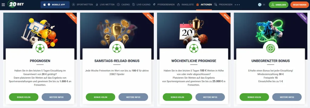 Übersicht der Promotionen bei dem Wettanbieter 20Bet  