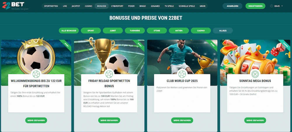 Bonusübersicht von 22Bet