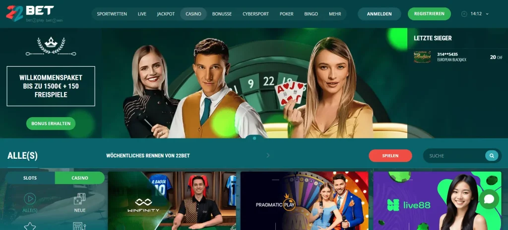 Landingpage des Sportcasinos „22Bet“, die den Willkommensbonus und einige Spiele anzeigt
