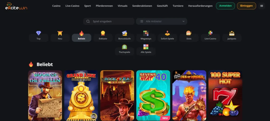 Landingpage des Sportcasinos „Excitewin“, die einige Spiele des Casinos anzeigt
