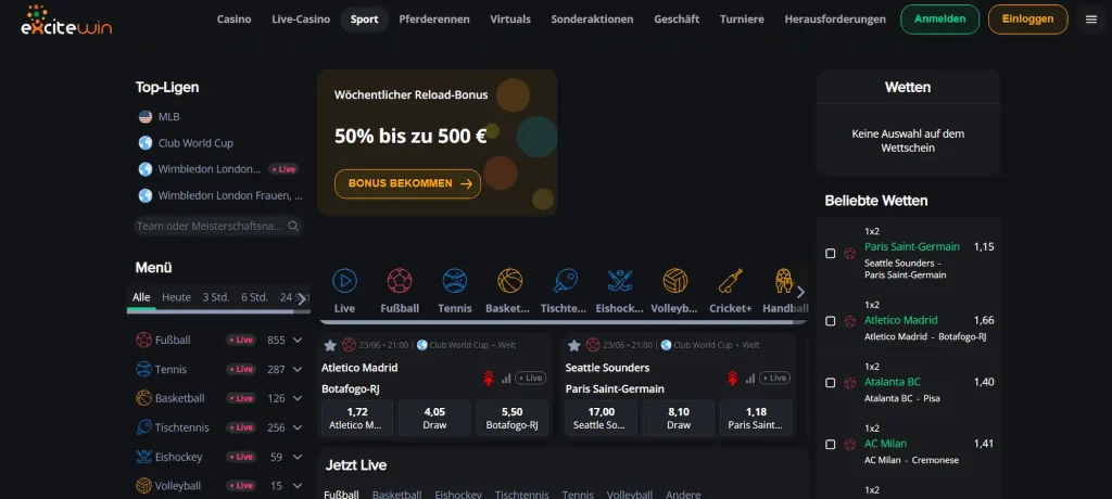 Die Landingpage von dem Wettanbieter „Excitewin“