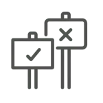 Icon von zwei Schildern mit einem Häckchen und einem Kreuz