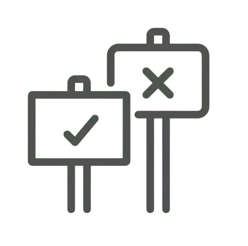 Icon von zwei Schildern mit einem Häckchen und einem Kreuz