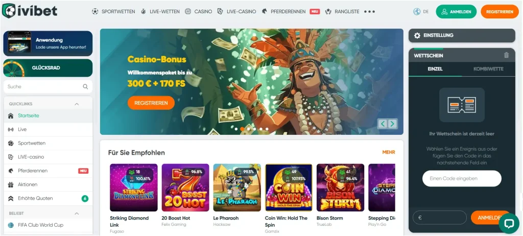 Landingpage des Sportcasinos „Ivibet“, die den Willkommensbonus für die Slots und einige Spiele anzeigt
