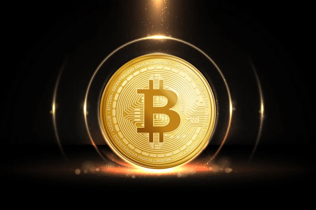Ein physischer Bitcoin, um welchen goldene Wellen schlagen vor dunklem Hintergrund 
