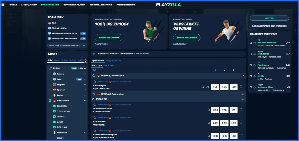 Landingpage des Sportwettenanbieters PlayZilla und einigen Wetten der deutschen Liga