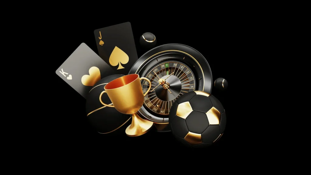 Roulette Tisch, Karten, Pokal und ein Fussball in Gold-Schwarzen Farben vor schwarzem Hintergrund