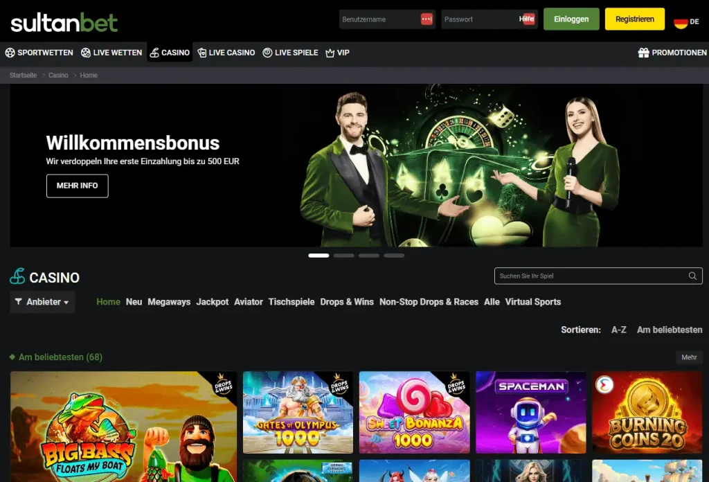 Landingpage des Sportcasinos „Sultanbet“, die den Willkommensbonus und einige Spiele anzeigt