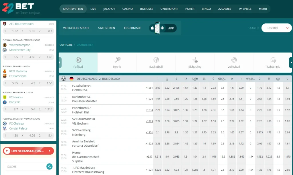 Die Wetten der 2. Bundesliga beim Wettanbieter 22Bet