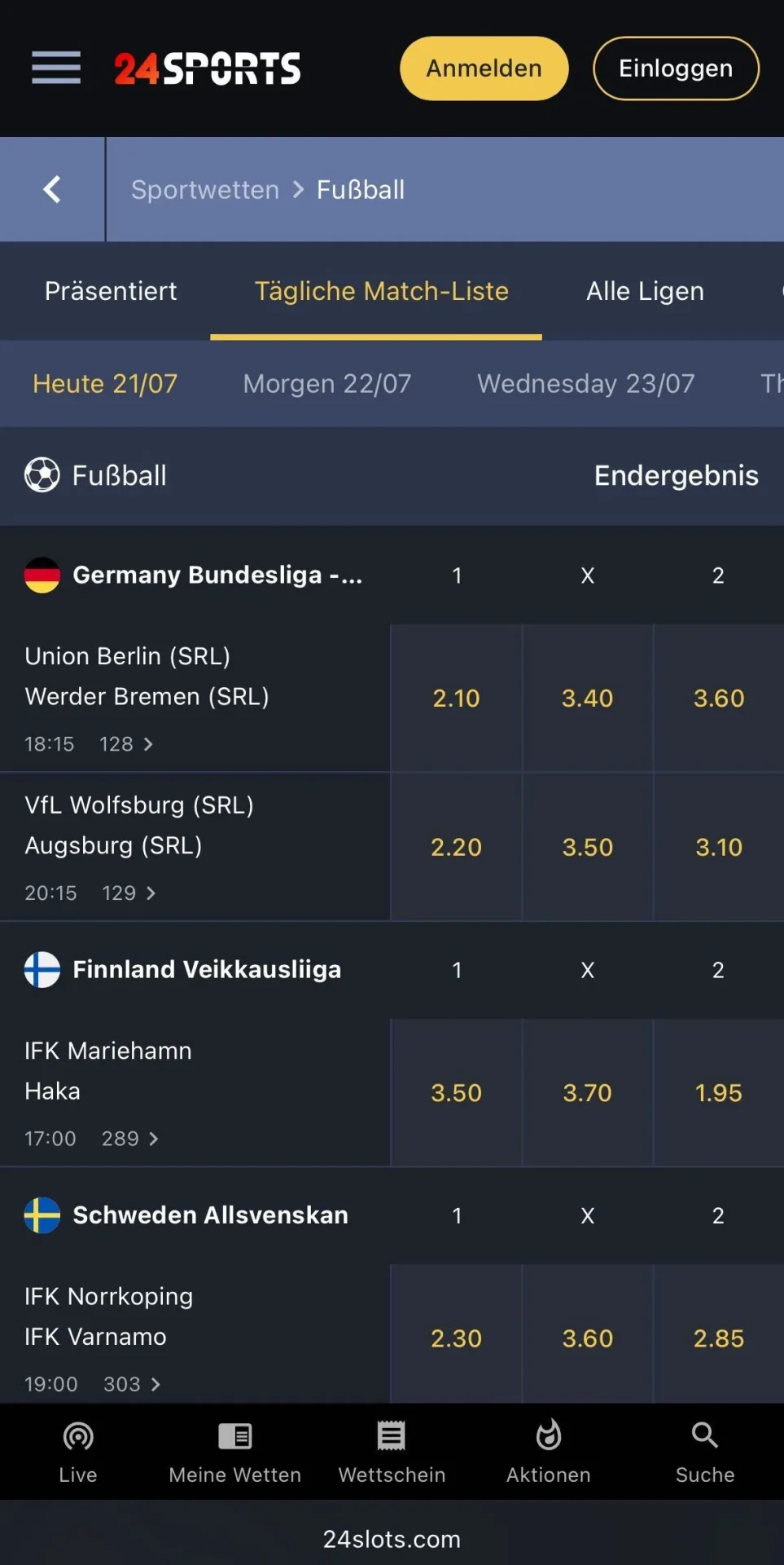 Die mobile Ansicht der Wettanbieterwebsite von 24Slots