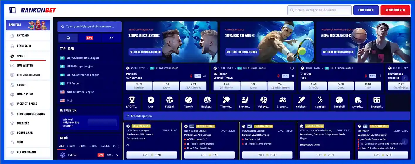 Die Landingpage des Sportwettenanbieters Bankonbet