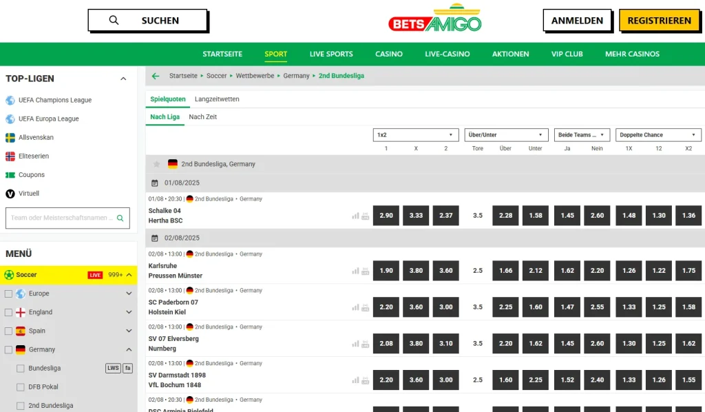 Die Wetten der 2. Bundesliga beim Wettanbieter Betsamigo