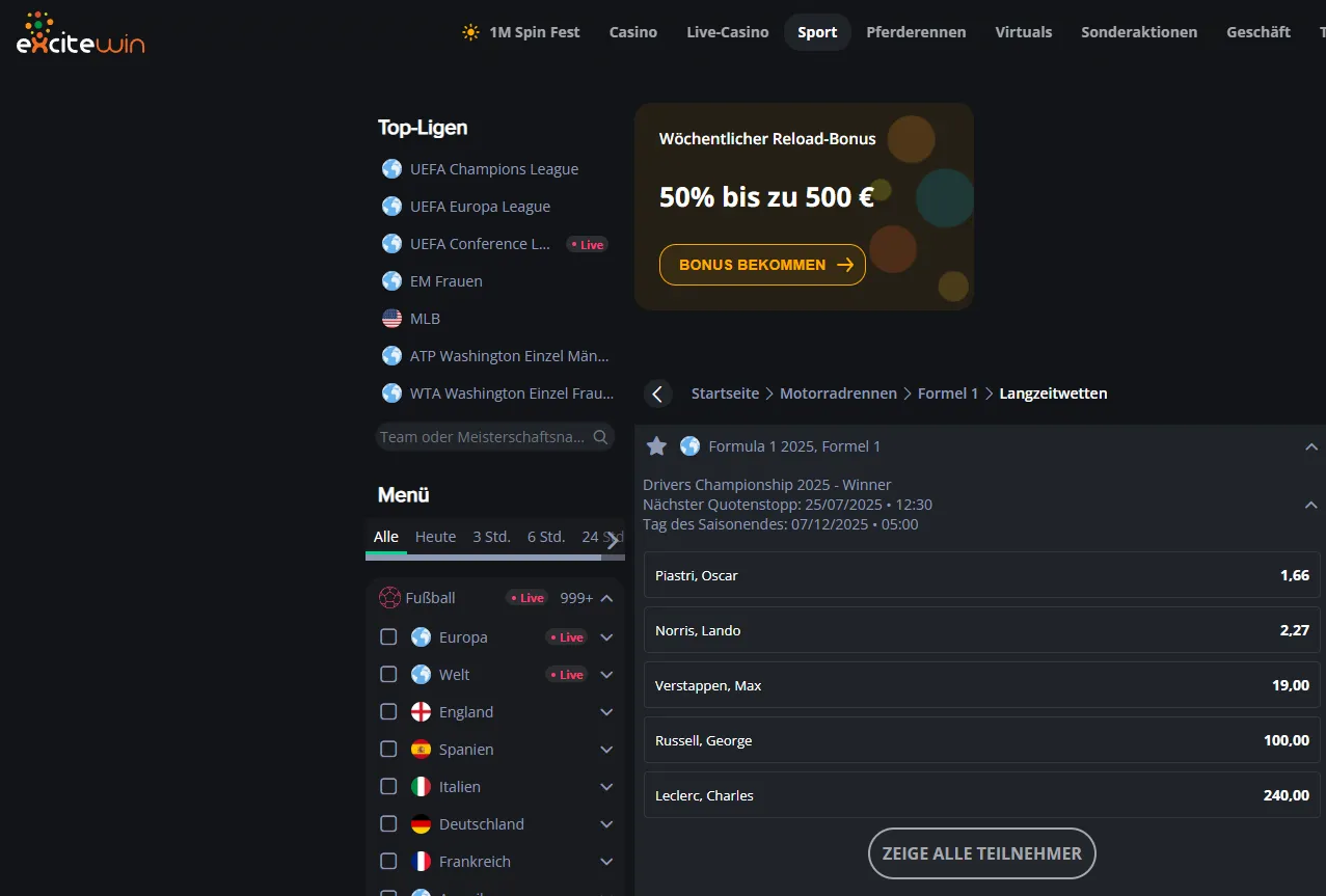 Formel 1 Wetten des Wettanbieters ExciteWin