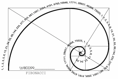 Die Fibonacci Spirale mit der Zahlenreihe beschriftet
