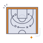 Eine Tafel, auf welcher eine Basketballstrategie eingezeichnet ist