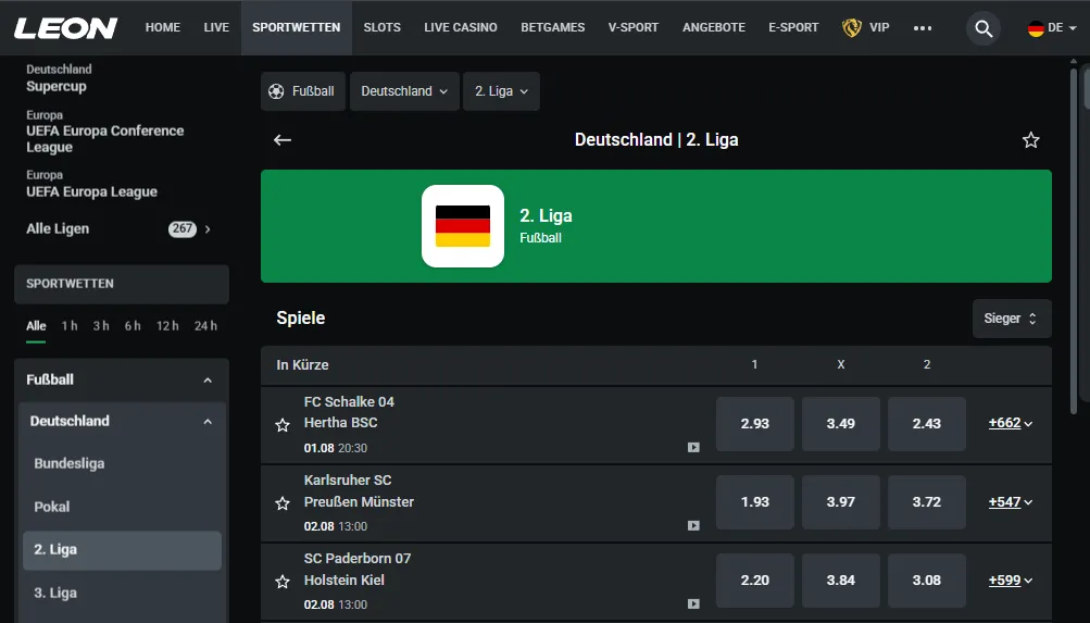 Die Wetten der 2. Bundesliga beim Wettanbieter Leonbet