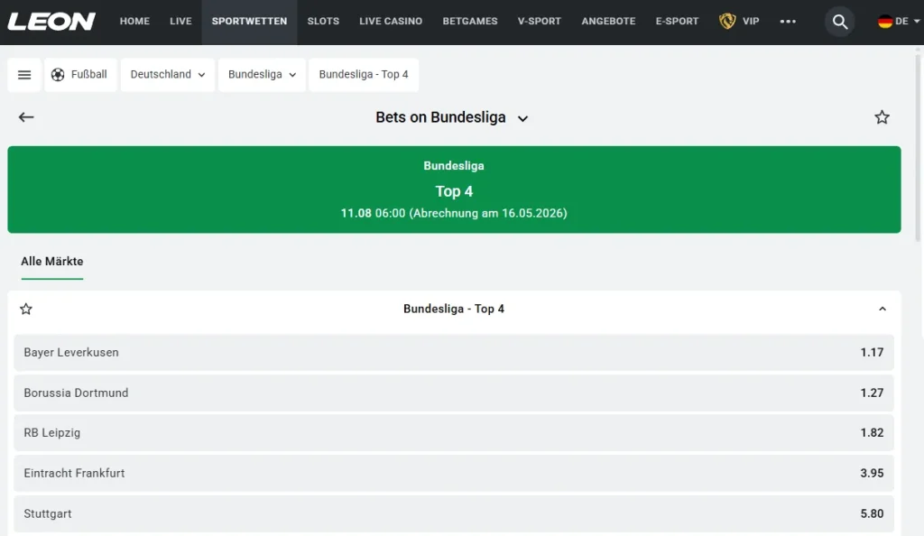 Die Leonbet Top 4 Bundesliga Meister Wetten