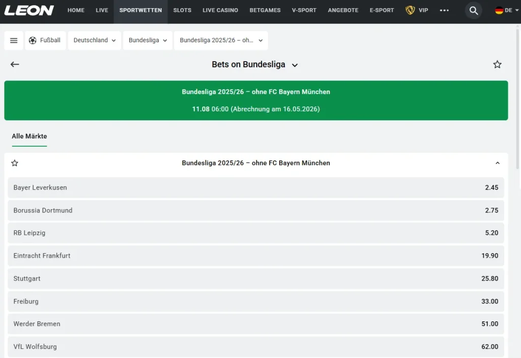 Die Wettauswahl über die Bundesliga Meister Wetten ohne Bayern beim Wettanbieter Leonbet
