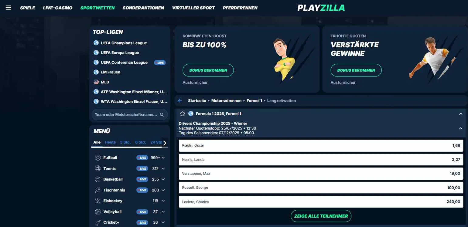 Formel 1 Wetten des Wettanbieters PlayZilla
