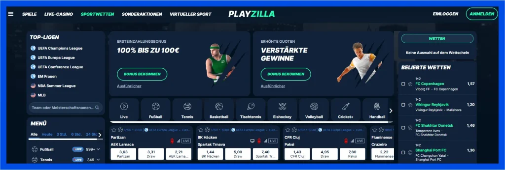 Die Landingpage des Sportwettenanbieters PlayZilla