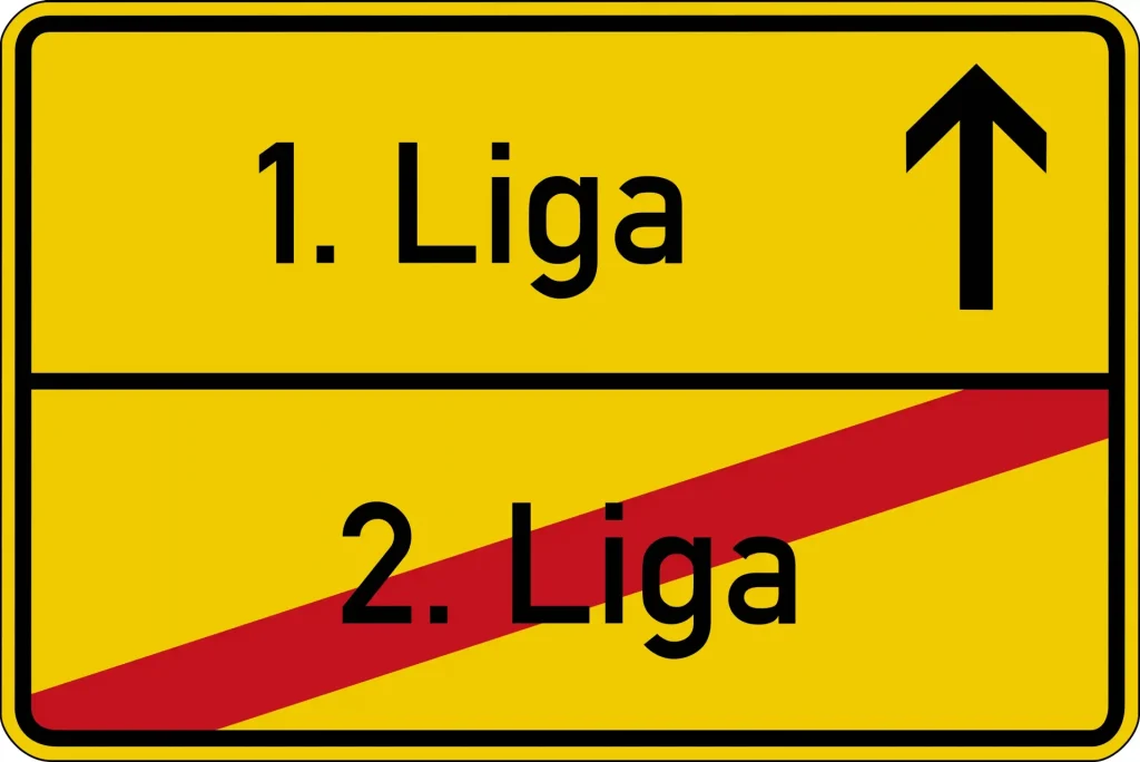 Ein gelbes Verkehrsschild mit der Aufschrift „2. Liga“, die durchgestrichen ist, und einem Pfeil darüber neben der Aufschrift „1. Liga“.