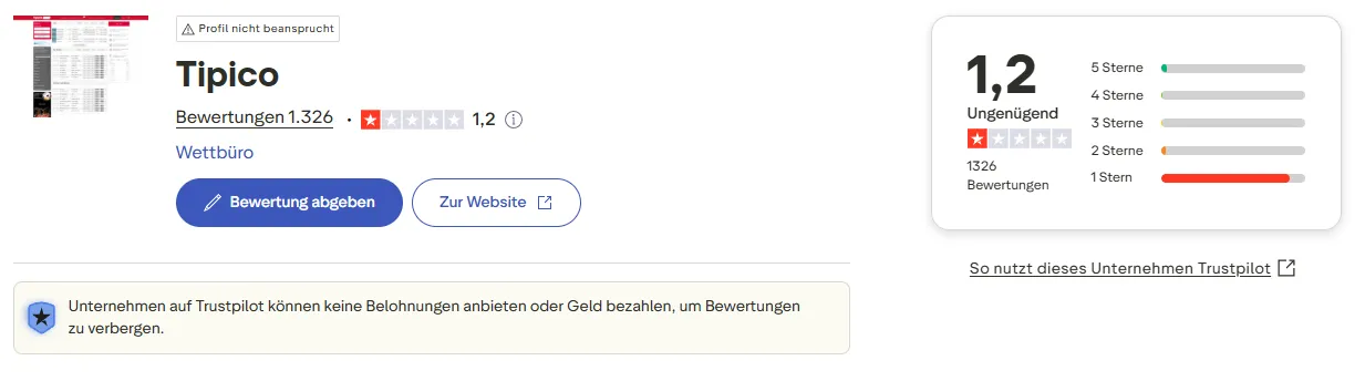 Die Trustpilot Bewertung von Tipico
