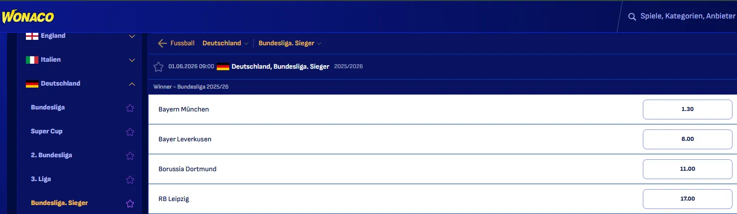 Die Wonaco Bundesliga Meister Wetten