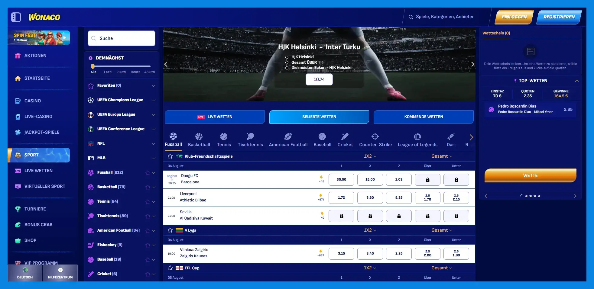 Die Landingpage des Sportwettenanbieters Wonaco