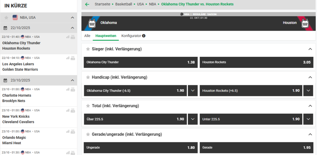 Auszug aus dem NBA Wett Angebot bei BetsAmigo