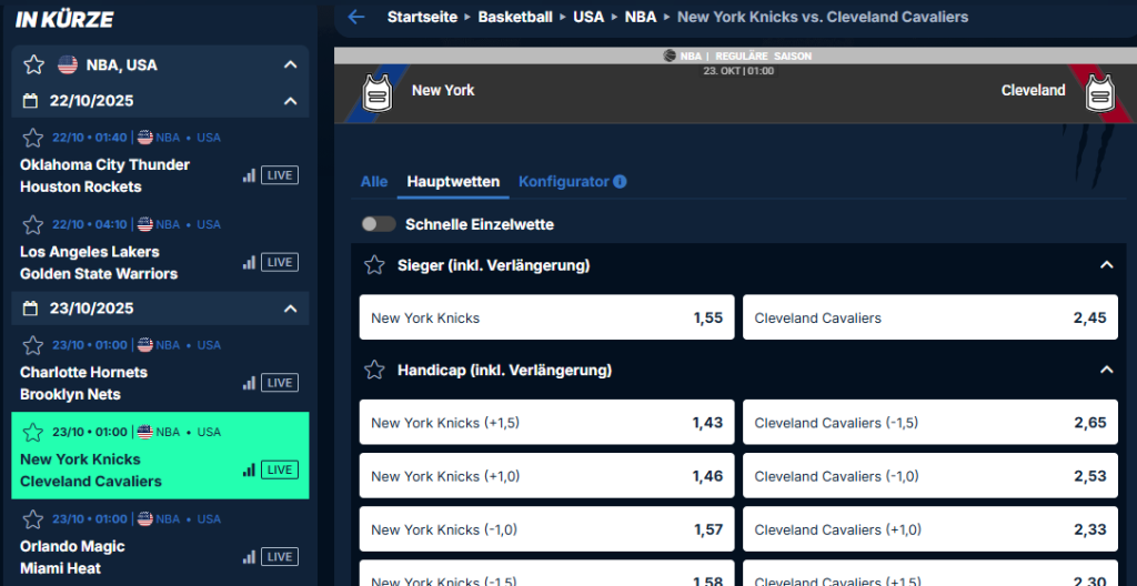 Auszug der NBA Wetten bei PlayZilla
