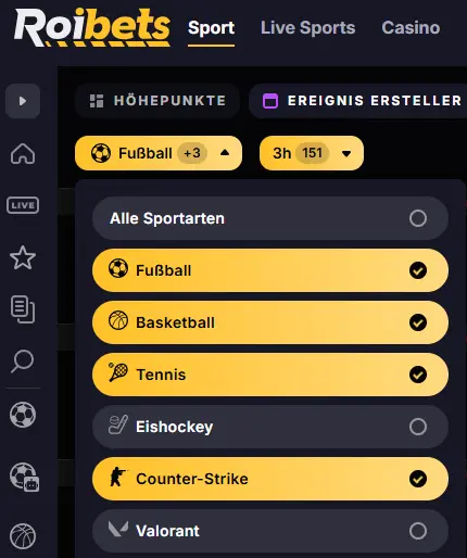 Filterfunktion fuer Sportwetten bei Roibets