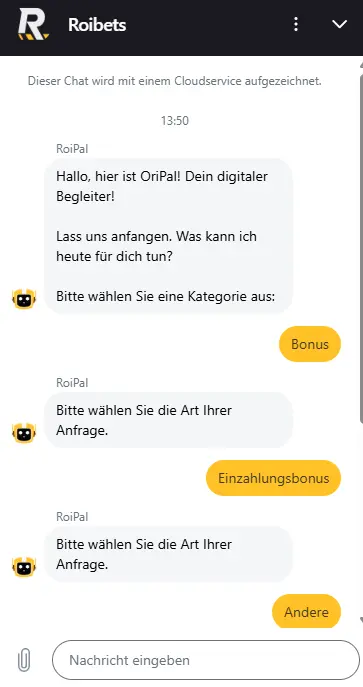 Chatverlauf mit Kundenservice-Bot von Roibets