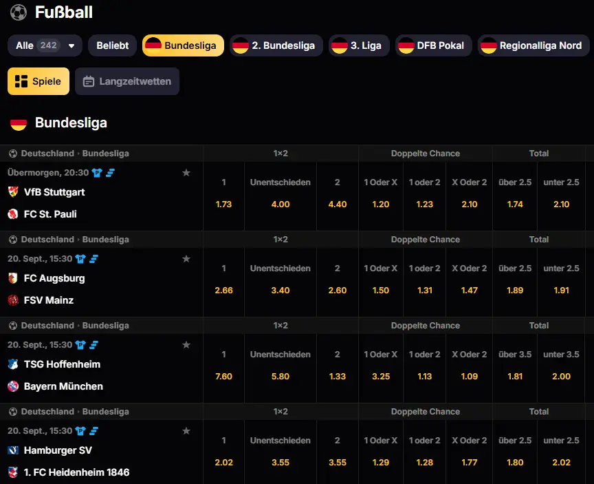 Einblick in die Wettquoten zu Spielen der deutschen Bundesliga bei Roibet