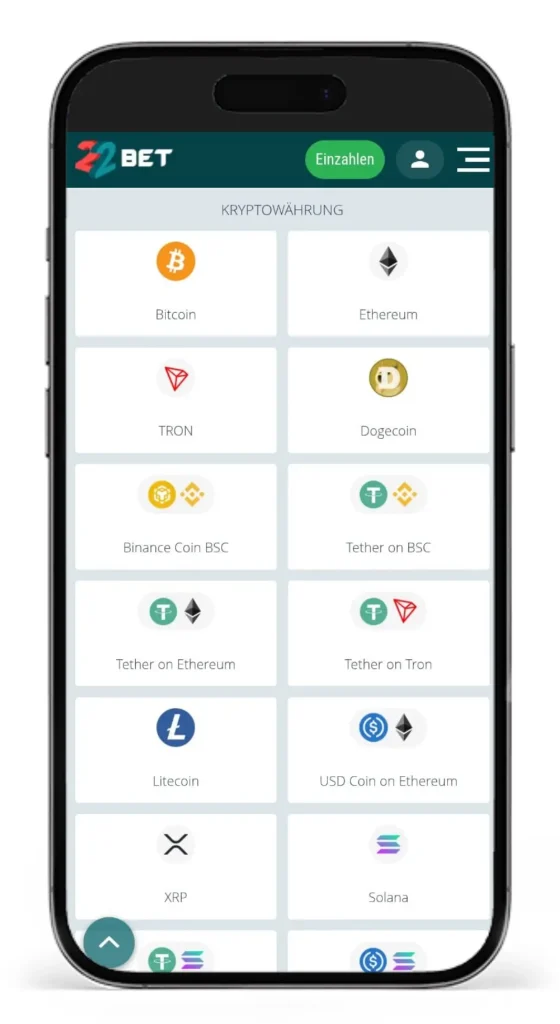 Verfuegbare Kryptos beim Bitcoin Wettanbieter 22bet