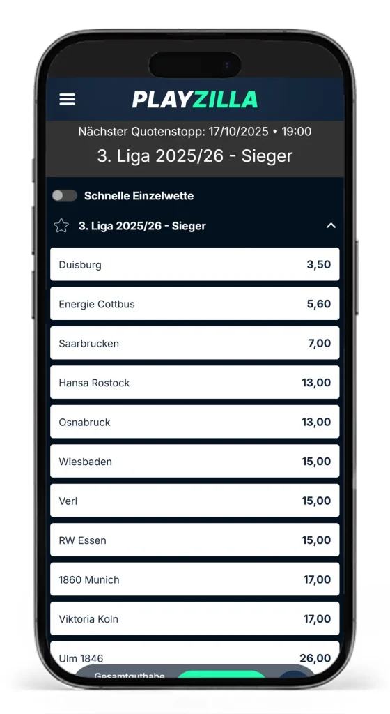 Auszug des Wettangebots für 3. Liga Wetten beim Sportwetten Anbieter PlayZilla