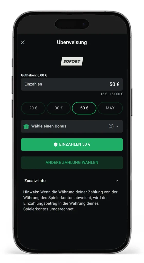 Einzahlungsnethode Sofort beim Wettanbieter Leonbet fuer Klarna Sportwetten