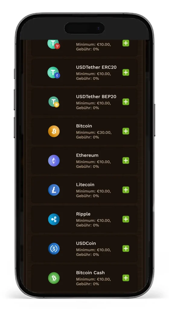 Auszug aus den Kryptowaehrungen vom Krypto Wettanbieter FatPirate