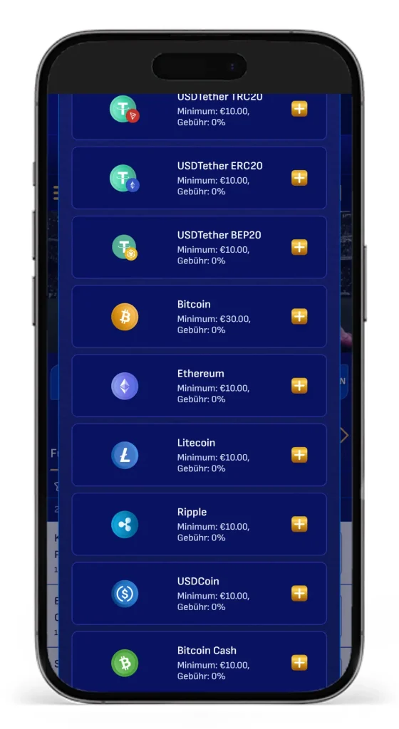 Verfuegbare Kryptowaehrungen fuer Einzahlungen vom Krypto Wettanbieter Wonaco