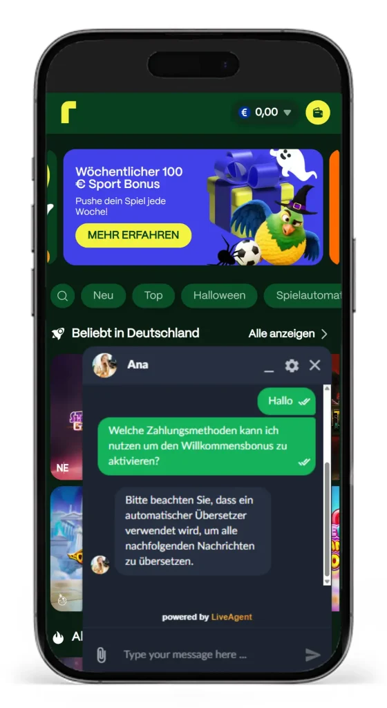 Anfrage im Live Chat von RioPlay