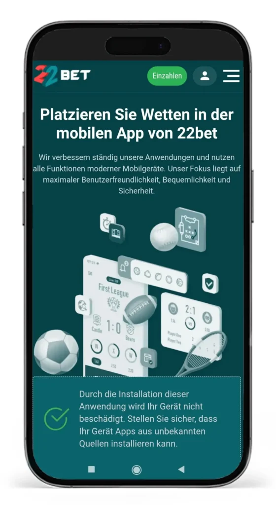 Sportwetten App fuer Android und iOS Betriebssysteme vom Wettanbieter 22bet
