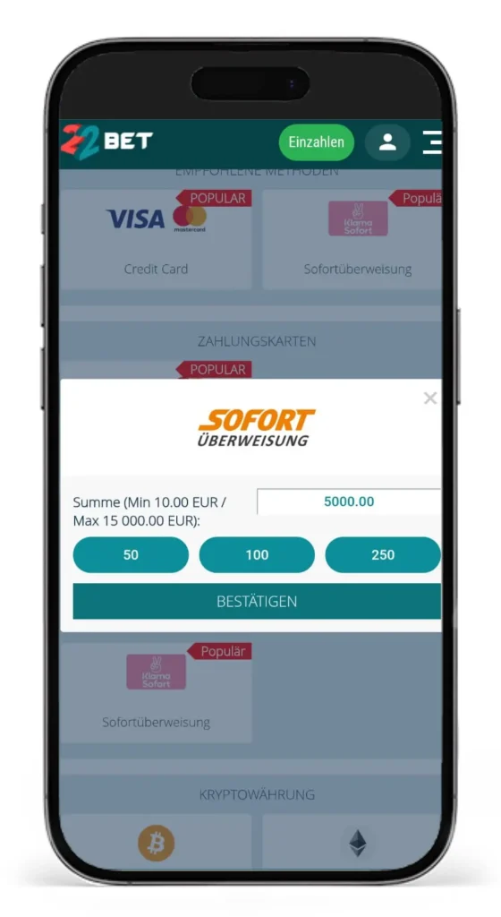 Zahlungsmethode Sofort fuer Sportwetten ohne Limit bei 22bet
