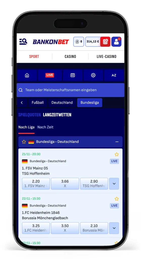 Einblick in die Bundesliga Quoten der Spiele der Saison 25/26 beim Bundesliga Wettanbieter Bankonbet