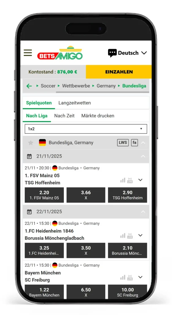 Einblick in die Quoten von den anstehenden Bundesliga Spielen 25/26 beim Bundesliga Wettanbieter BetsAmigo