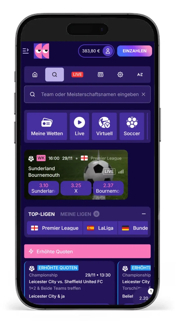 Mobile Ansicht der Wettseite von BlindLuck