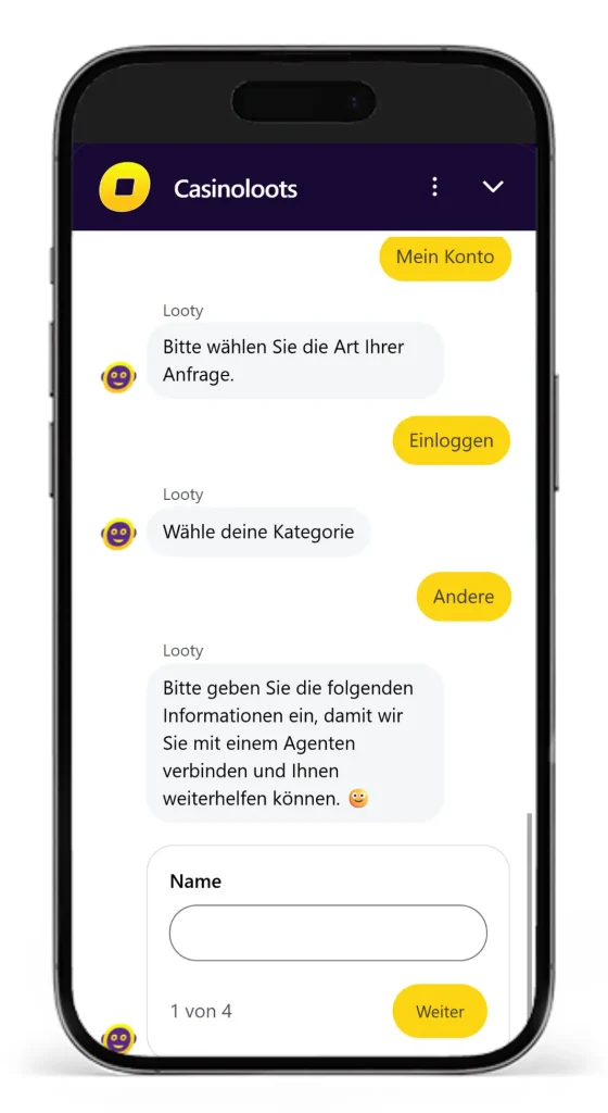 Livechat mit Chatbot vom Wettanbieter CasinoLoots